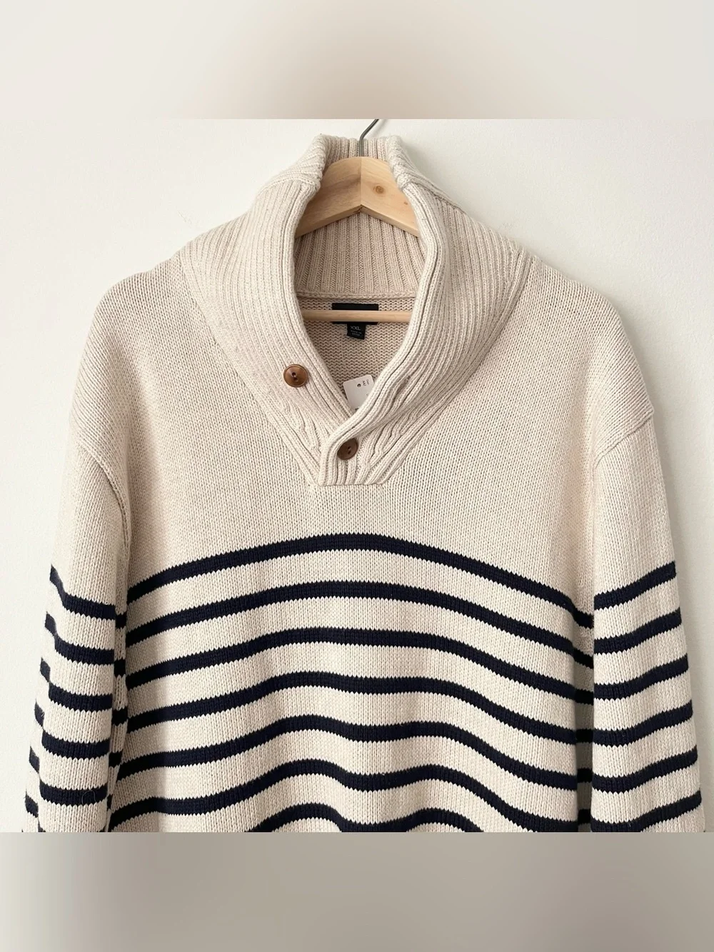 NWT J.Crew Men's Striped Chunky Knit Sweater Ivory Navy XXL Shawl Collar Preppy